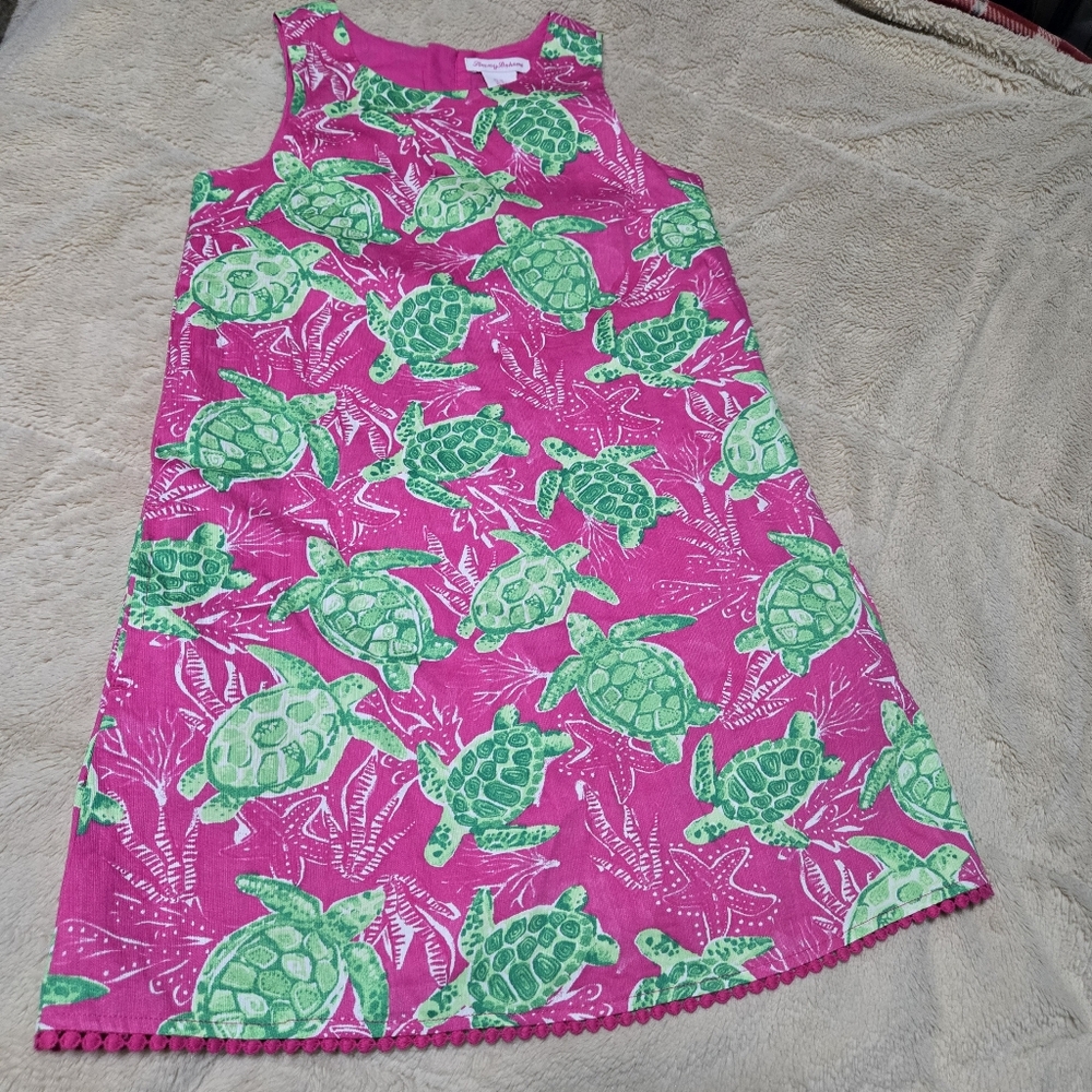 Tommy Bahama turtle shift dress with pockets girls pink & green, kids 10 - Picture 2 of 11